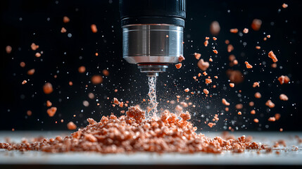 Poster - Close-up of a precision tool drilling material. The dynamic image shows debris flying showcasing industrial processes. Perfect for manufacturing content or technical articles.