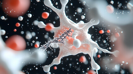 Poster - abstract depiction of a cell structure with surrounding particles. suggests medical illustration pos