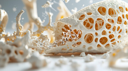 Poster - close-up image showcasing bone structure with a porous design. suggests a scientific or educational 