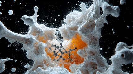 Poster - An abstract artwork showing a molecular structure amidst a foamy explosion against a dark background. Could be used for scientific presentations or artistic projects.