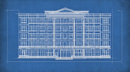 Poster - Blueprint-style building icon with dotted lines and elevation symbols on graph paper