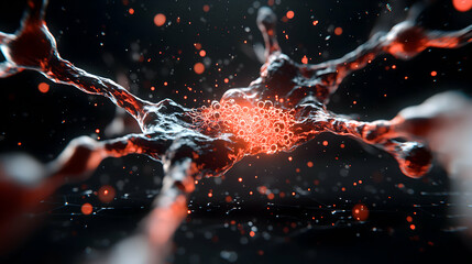 Fototapete - This image shows a digital artistic rendering of a neuron. It looks biological and is highly detailed with red and black colors. Use it for science and technology projects.