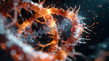 Leinwandbilder - A close-up digital rendering showcasing intricate biological structures in vibrant orange and blue hues. Suggests molecular models or cellular processes.