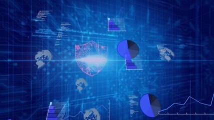 Poster - Animated 3D render showing holographic shield glowing with cybersecurity charts floating on grid