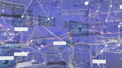 Poster - Network node visualization moving in flat design, showing floating UI panels, glowing data streams