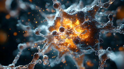 Poster - a stunning artistic visualization of a cellular structure perhaps a neuron or virus. use this for ed