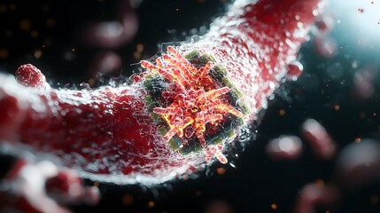 Poster - a detailed microscopic view depicting a biological structure with vibrant red and green elements hin