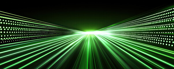 Poster - A green lighted tunnel with many dots. The tunnel is long and narrow