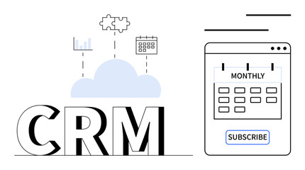 CRM connected to cloud, puzzle pieces, calendar, graph, monthly subscription platform. Ideal for management, efficiency, business, integration structure planning and cloud-flat simple metaphor