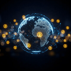 Poster - A glowing digital globe surrounded by golden Bitcoin symbols, connected by a network of blue lines against a dark background. Generative AI.