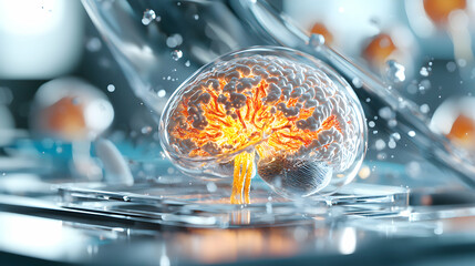 Poster - a glowing brain model enclosed in a transparent structure. suggests scientific research innovation o