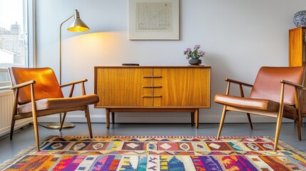 Poster - Mid-century modern decor with geometric prints, vintage chairs, and an elegant floor lamp beside a sleek credenza