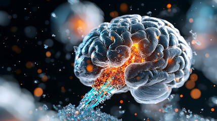 Poster - an artistic depiction of a brain with glowing elements. use it for scientific visualizations researc