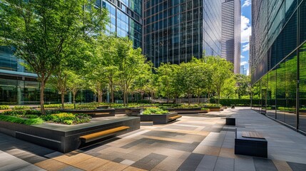 Poster - Mixed-use development landscape with plaza, benches, tree canopy, and raised beds