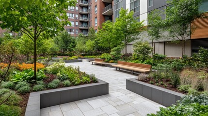 Poster - Mixed-use development landscape with plaza, benches, tree canopy, and raised beds