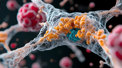 Poster - microscopic view of biological structures possibly cells or microorganisms. suggests applications in