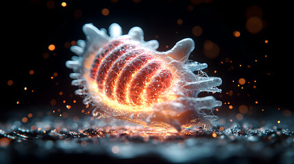 Poster - A glowing microscopic organism radiating energy. Suitable for science education medical illustrations or any visual representation of advanced biological concepts or technology.