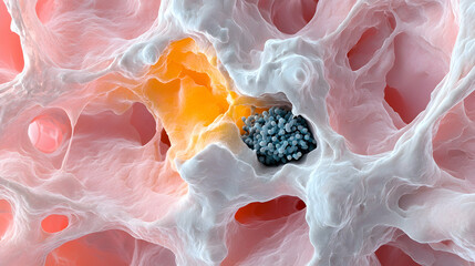 Poster - this image shows microscopic structures with a cluster of cells. it could be used for educational pu