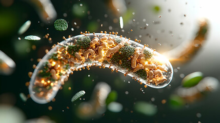 Poster - a detailed artistic rendering of microscopic organisms within a transparent capsule. suitable for ed