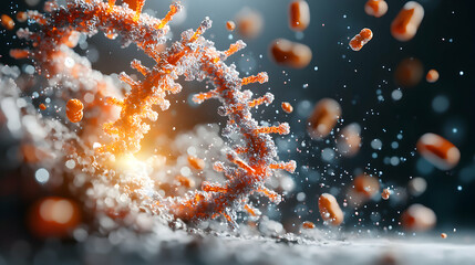Poster - an abstract molecular structure with a focus on biological elements and their movement. a compelling