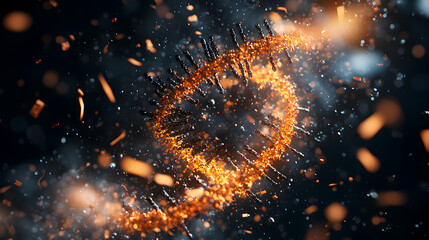 Poster - abstract rendering of dna structure with vibrant orange and dark tones. suggests science technology 