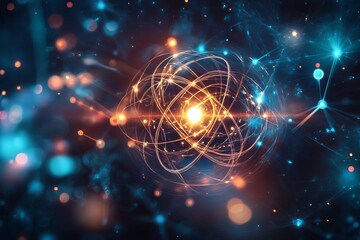 Poster - Abstract Atom Structure Energy Glowing Particles Network Digital Art Science Technology Background Illustration Design Modern Futuristic Concept Orange Blue Light Rays data orbit  