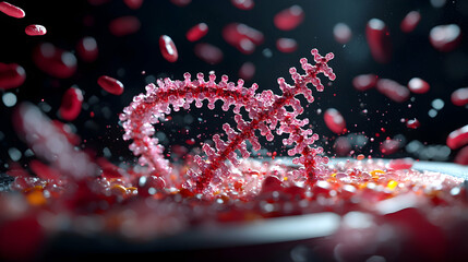 Poster - microscopic view showcasing red blood cells and a complex molecular structure. great for medical ill