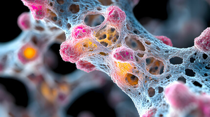 Poster - an abstract illustration of biological structures featuring cell-like spheres and a porous network. 