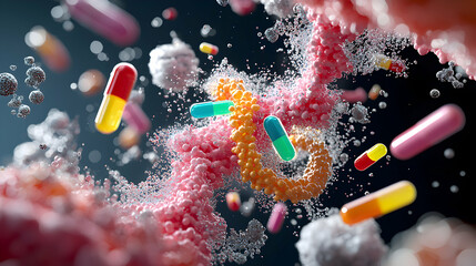Poster - an abstract image of pills interacting with cellular structures perhaps representing medical treatme