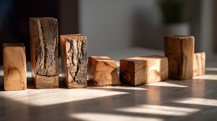 Poster - Natural wooden blocks sunlight texture background minimalist design home decor rustic style wooden cubes abstract 