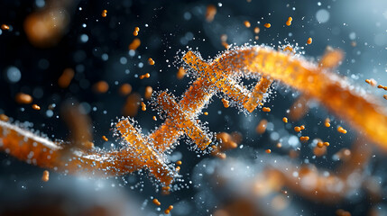 Poster - a detailed rendering of a dna structure with glowing orange strands and scattered particles suggests