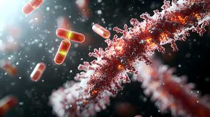 Poster - image depicts microscopic elements like capsules interacting with virus-like structures possibly rep