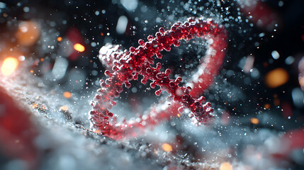 Poster - a macro shot depicts a red spiky structure. it resembles a virus particle. the image suggests scient