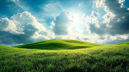 a vibrant green field under a bright blue sky filled with fluffy white clouds and a shining sunbeam