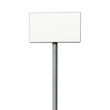 Horizontal blank white sign board with rounded corners, fixed atop a tall gray metal pole, awaiting text or graphics.