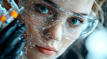 Poster - a scientist is seen wearing safety goggles with a network overlay. it depicts scientific research an