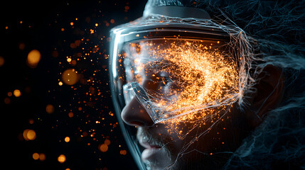 Poster - a futuristic image of a person inside a transparent helmet. the head has glowing energy. use as futu