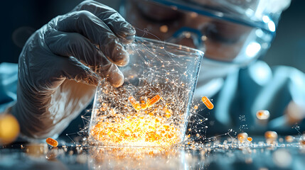 Poster - a scientist examines a beaker with glowing capsules. ideal for medical research websites pharmaceuti