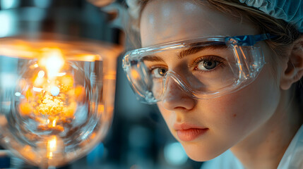 Poster - a scientist wears protective eyewear in a lab near a glowing vessel. the image suggests research inv