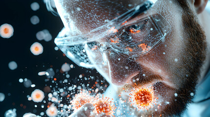 Poster - a scientist examines viral particles. the image could be used to illustrate scientific research arti