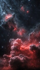 abstract dark sky with red and blue clouds or nebula like formations.