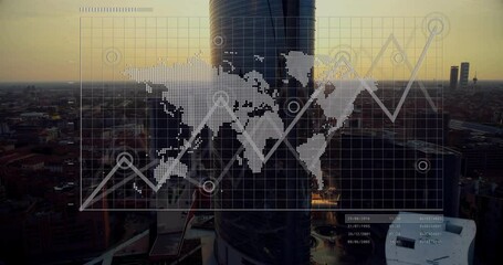 Poster - Digital dotted world map being animated over sunset city skyline, with grid lines and data markers