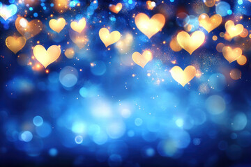 Poster - A blue background with a lot of yellow hearts. The hearts are scattered all over the background, creating a sense of movement and energy. Scene is joyful and celebratory, as the hearts represent love