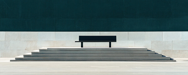 Poster - A bench is sitting on a set of steps in front of a building. The bench is empty and the steps are made of concrete