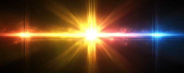 Poster - A bright yellow and red light is shining on a dark background. The light is coming from the center of the image and is surrounded by a colorful, glowing line. The image has a vibrant