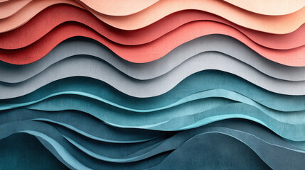 Poster - A series of waves made of paper. The waves are in different colors and sizes. Concept of movement and fluidity