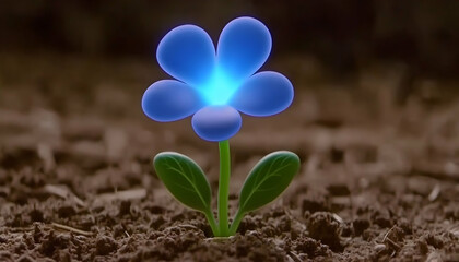 Glowing blue flower seedling emerging from rich soil, representing new life, growth, and technology.