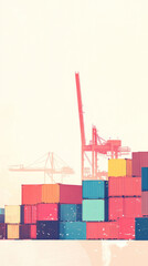 Poster - A large container ship is docked at a port. The ship is surrounded by many containers, some of which are stacked on top of each other. Concept of busyness and activity