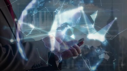 Poster - Hands holding smartphone projecting holographic globe with network lines and charts in flat design