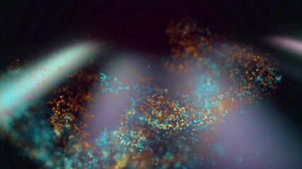 Poster - Glowing orange and teal particles swirling in dark space, creating abstract cloud motion
